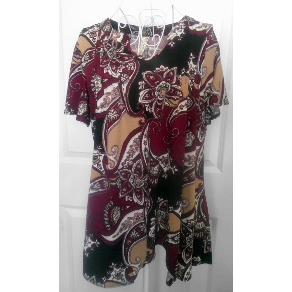 PerSeption Concept Paisley Print Top | Black Burgundy Tan White | Size Large